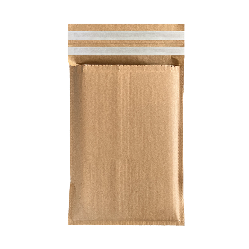 Busta imbottita in carta WaveBag RETURNED color avana con due strisce adesive, vista frontale