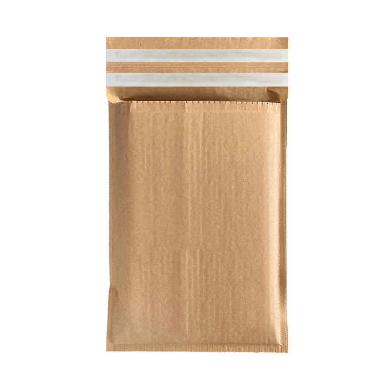 Busta imbottita in carta WaveBag RETURNED color avana con due strisce adesive, vista frontale