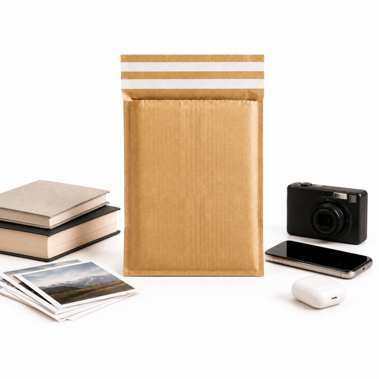 Busta WaveBag RETURNED con libri, stampe fotografiche, una fotocamera, uno smartphone e una custodia per auricolari
