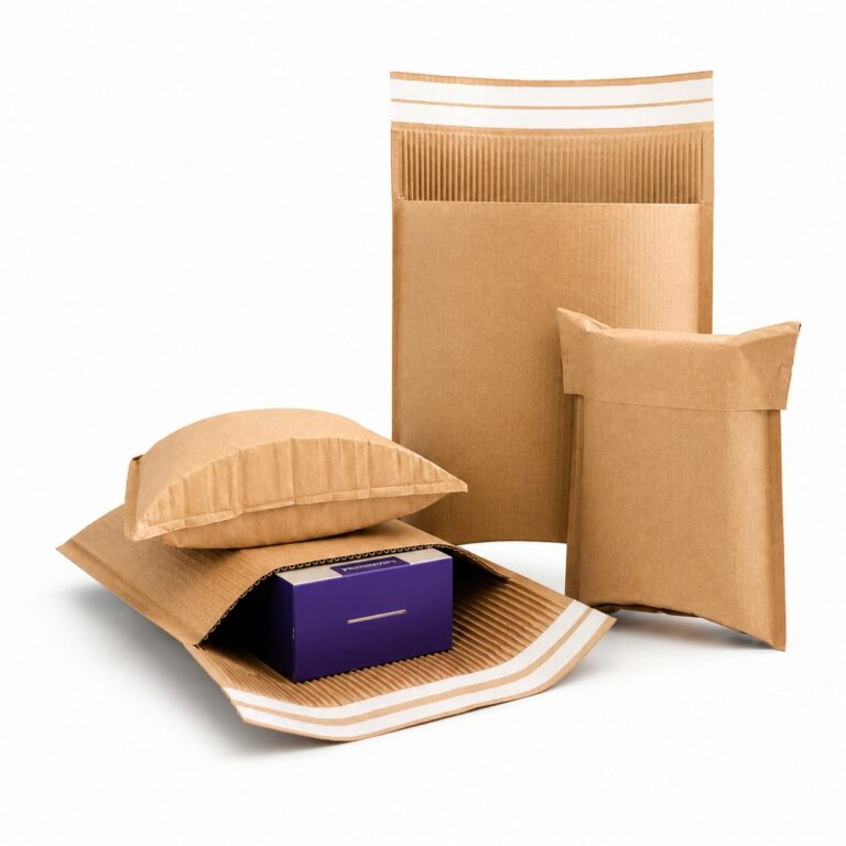 WaveBag 3D paper mailers, one open with a boxed product inside