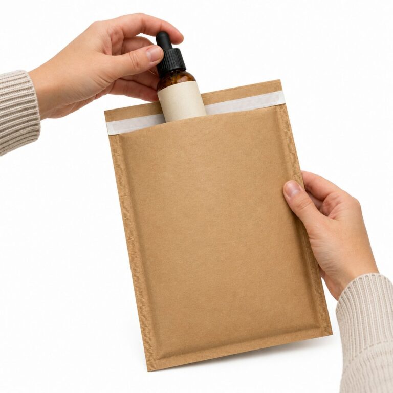 Hand placing a cosmetic bottle into a WaveBag LIGHT paper-padded mailer