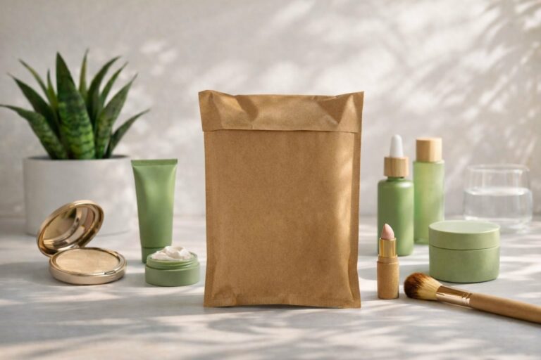 WaveBag LIGHT paper-padded mailer standing among skincare and cosmetic products