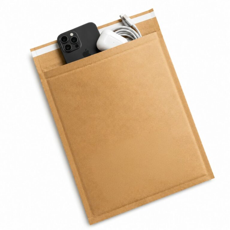 WaveBag STRONG mailer holding a smartphone and charging cable
