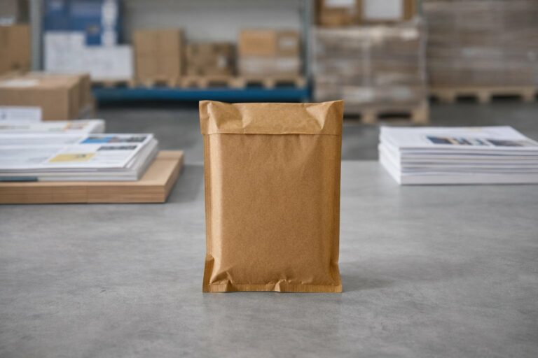 WaveBag LIGHT paper-padded mailer on a warehouse floor ready for shipping