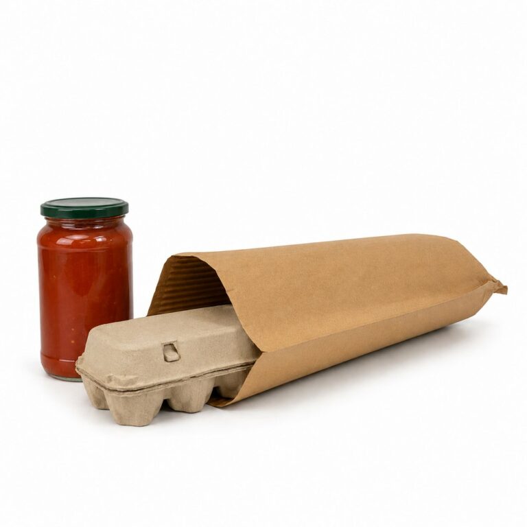 WaveBag POUCH holding an egg carton, next to a jar of tomato sauce
