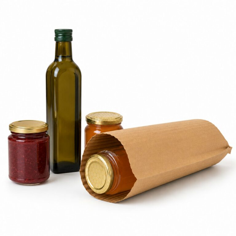 WaveBag POUCH wrapping a glass jar, next to a bottle of olive oil and jars of jam