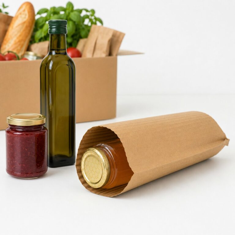 WaveBag POUCH wrapping a glass jar beside olive oil, jam and a grocery box