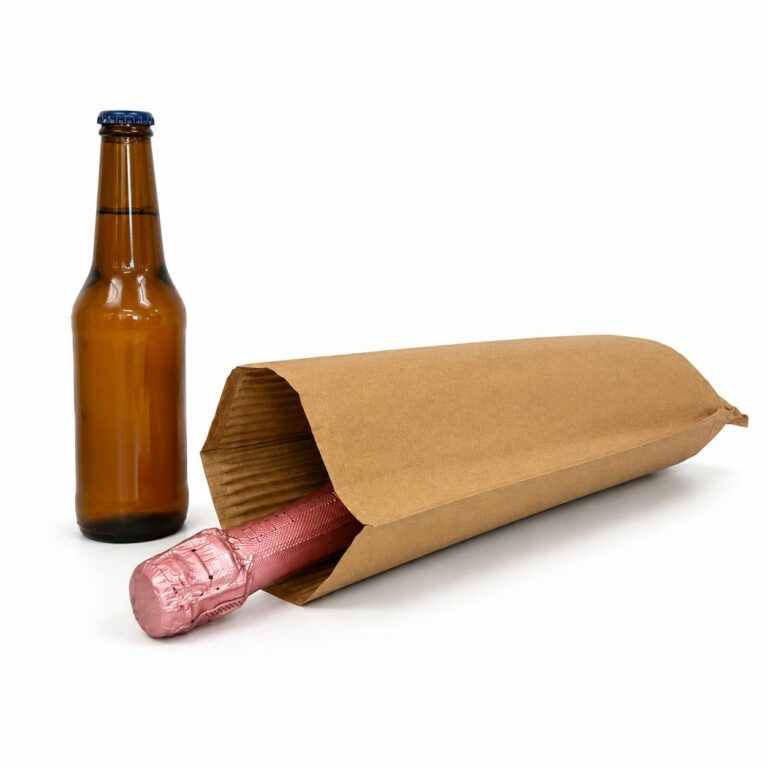 WaveBag POUCH protecting a wine bottle, next to a beer bottle