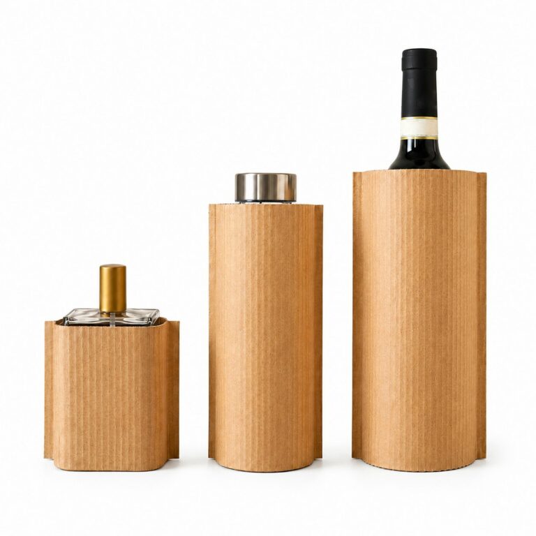 Maniche imbottite in carta WaveBag TUBE in tre formati su un flacone di profumo, un vasetto e una bottiglia di vino